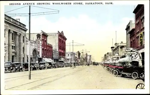 Ak Saskatoon Saskatchewan Kanada, Second Avenue mit Woolworth Store