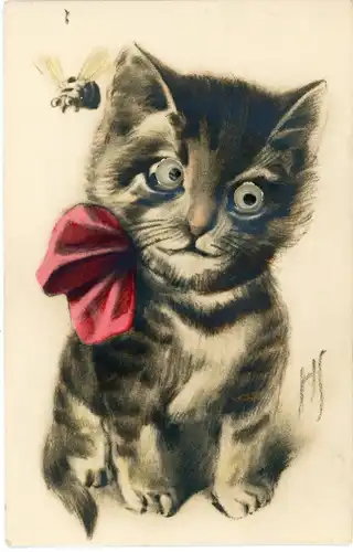 Wackelaugen Künstler Ak Katze mit roter Schleife, Biene