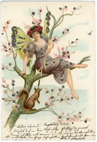 Glitzer Litho Glücksfee am Baum, Eichhörnchen