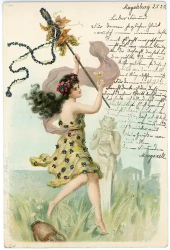 Glitzer Litho Tanzende Frau, Teufel, Wiese, Wasserkrug