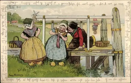 Künstler Litho Mühlberg, G., Kinder in niederländischen Trachten, Liebe, Mädchen beim Stricken