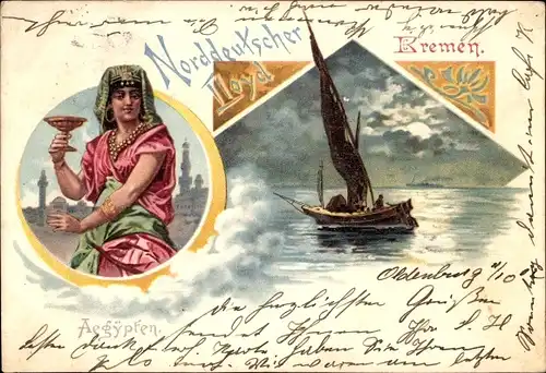 Litho Norddeutscher Lloyd Bremen, Segelpartie, Ägypten, Frau in Tracht, Kelch