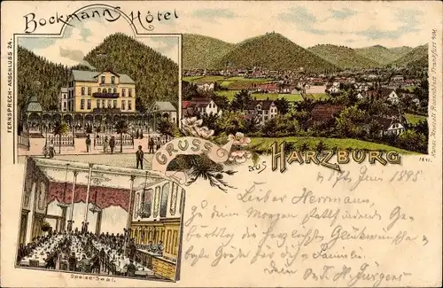 Vorläufer Litho Bad Harzburg in Niedersachsen, Bockmanns Hotel, Speisesaal, Panorama