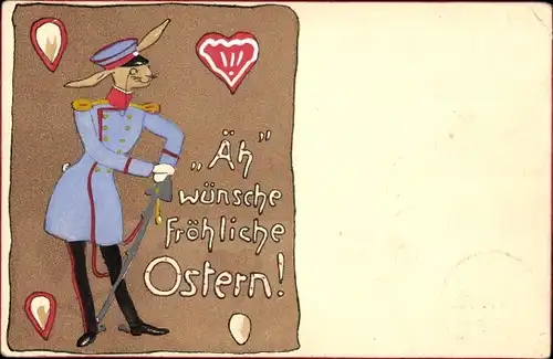 Präge Ak Glückwunsch Ostern, Osterhase in Uniform, Säbel, Lebkuchen