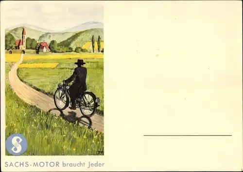 Künstler Litho Werbung, Sachs-Motor braucht Jeder, Motorrad, Kirche