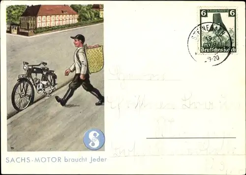 Künstler Litho Werbung, Sachs-Motor braucht Jeder, Motorrad, Mann mit Korb