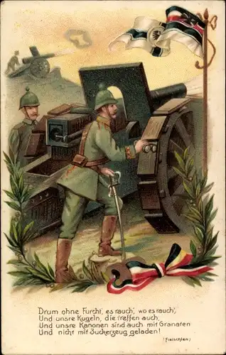 Litho Deutsche Soldaten in Uniform, Kanone, Artillerie