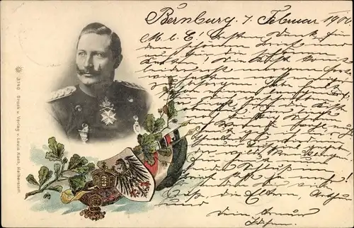 Wappen Ak Kaiser Wilhelm II., Portrait in Uniform, Fahnen