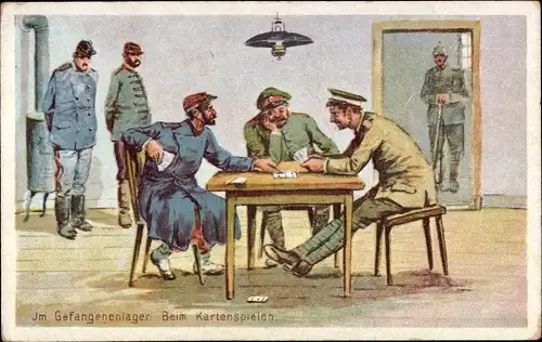 Künstler Ak Kriegsgefangene beim Kartenspielen, Franzose