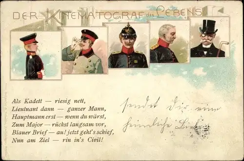 Litho Der Kinematograf des Lebens, Kadett, Lieutnant, Hauptmann, Major, Zivilist