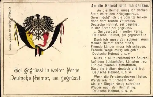 Präge Wappen Gedicht Ak An die Heimat muss ich denken, Deutsche Heimat sei gegrüßt