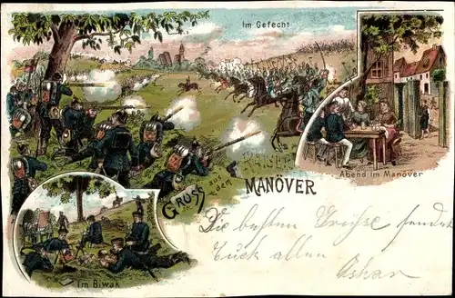 Litho Gruß aus dem Manöver, Im Gefecht, Biwak, Abend