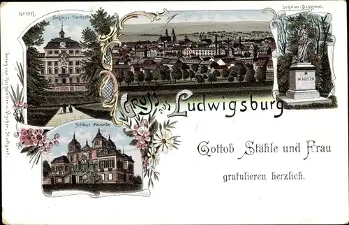 Litho Ludwigsburg in Württemberg, Schiller-Denkmal, Schloss