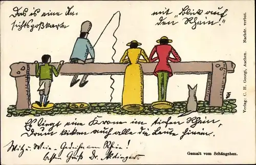 Künstler Ak Schängchen, Köln am Rhein, Angler am Rhein, Holzpuppen