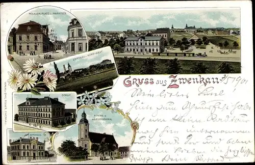 Litho Zwenkau in Sachsen, Pegauer Platz, Schule, Kirche, Rathaus, Kriegerdenkmal