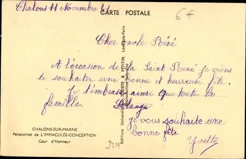 Ak Chalons sur Marne, Pensionnat de L'Immaculee-Conception, Cour d'Honneur