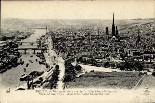 Ak Rouen Seine-Maritime, Gesamtansicht von der Cote Sainte-Catherine aus