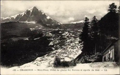 Ak Chamonix Mont Blanc Haute Savoie, Bossons Glacier Chalet und Aiguille du Midi