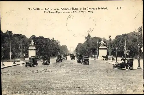 Ak Paris VIII., Avenue des Champs-Elysees und die Pferde von Marly