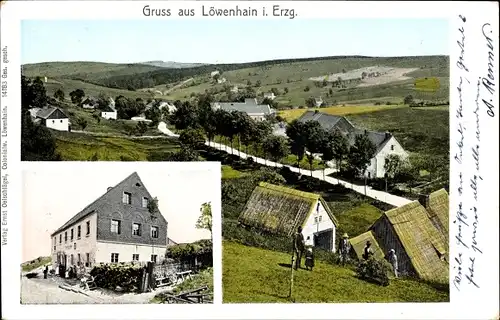 Ak Löwenhain Geising Altenberg Erzgebirge, Blick auf Ortschaft und Umgebung, Bauernhaus