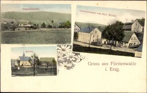 Ak Fürstenwalde Geising Altenberg Erzgebirge, Geschäftshaus, Kirche, Gesamtansicht