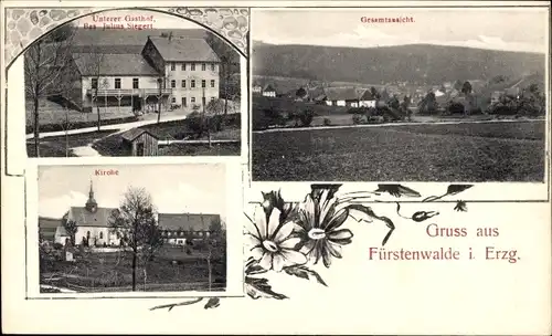 Ak Fürstenwalde Geising Altenberg Erzgebirge, Unterer Gasthof, Kirche, Totalansicht