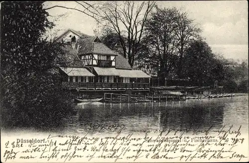 Ak Düsseldorf am Rhein, Schwanenspiegel und Fischerhaus