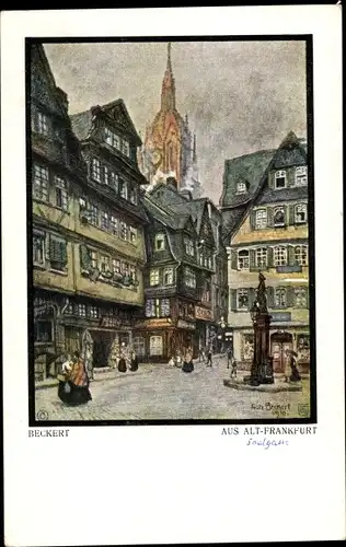 Künstler Ak Beckert, Fritz, Frankfurt Main, Häuserfassaden, Kirchturm, Brunnen, Passanten