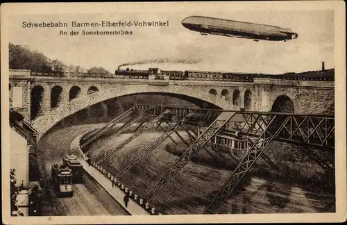 Ak Wuppertal, Schwebebahn an der Sonnbornerbrücke, Zeppelin, Straßenbahnen, Lok