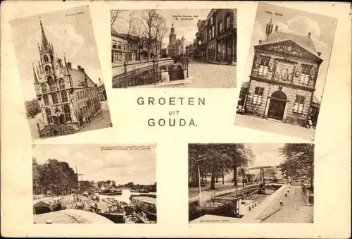 Ak Gouda Südholland Niederlande, St.-Janstoren, Waag, Stadhuis, Mallegatsluis