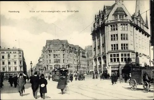 Ak Hamburg Mitte Altstadt, Mönckebergstraße, Stadt Café, Straßenbahn
