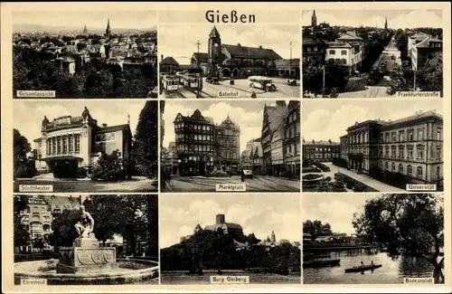 Ak Gießen a.d. Lahn, Gesamtansicht, Bahnhof, Frankfurter Straße, Stadttheater, Marktplatz, Gleiberg