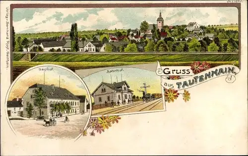 Litho Tautenhain Frohburg in Sachsen, Gesamtansicht, Gasthof, Bahnhof