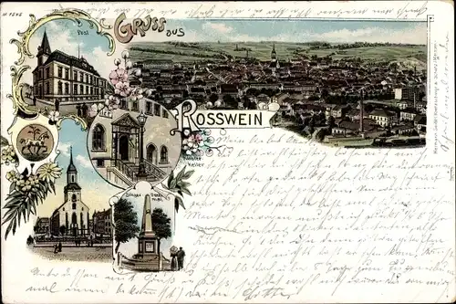 Litho Roßwein in Sachsen, Siegesdenkmal, Post, Klosterkeller, Panorama