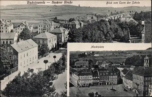 Ak Bischofswerda, Bautzner Straße, Marktplatz, Panorama vom Turm der Schule