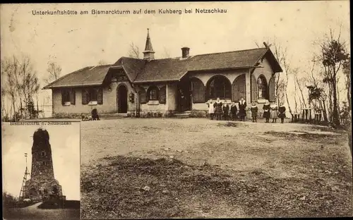 Ak Stützengrün im Erzgebirge Sachsen, Kuhberg, Bismarckturm, Unterkunftshütte