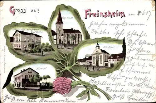 Kleeblatt Litho Freinsheim an der Weinstraße Pfalz, Kirche, Restauration zum Bahnhof, Bahnhof