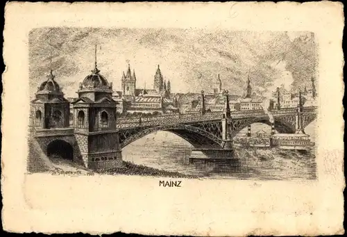 Künstler Ak Schwenzer, G. W., Mainz am Rhein, Brücke, Dampfer