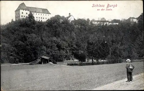 Ak Burgk Schleiz, Schloss Burgk an der Saale, Blumenwiese, Wanderer
