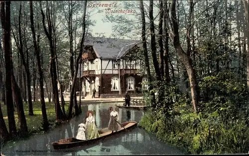 Ak Lübbenau im Spreewald, Spreewaldkahn, Frauen in Tracht, Wotschofska