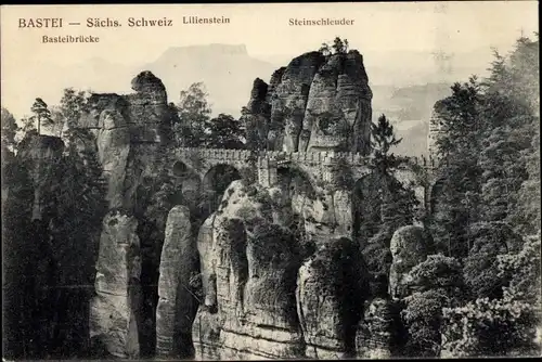 Ak Lohmen Sächsische Schweiz, Bastei, Lilienstein, Steinschleuder, Basteibrücke