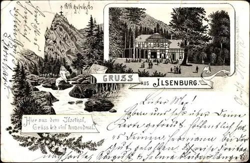 Litho Ilsenburg im Harz, Ilsetal, Gasthaus, Ilsestein