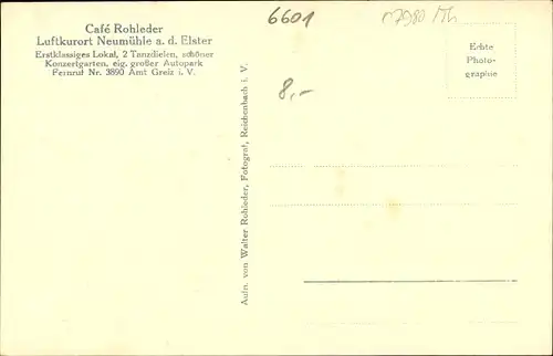 Ak Neumühle an der Elster Greiz in Thüringen, Café Rohleder