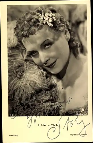 Ak Schauspielerin Hilde von Stolz, Portrait, Haarschmuck, UfA, Autogramm