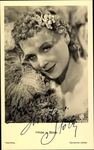Ak Schauspielerin Hilde von Stolz, Portrait, Haarschmuck, UfA, Autogramm