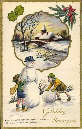 Ak Fröhliches Neujahr, Kinder bauen einen Schneemann