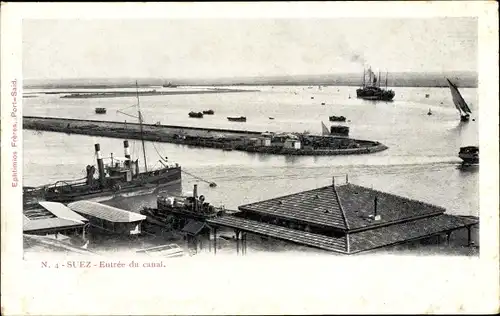 Ak Suez Ägypten, Entree du Canal, Einfahrt in den Suezkanal, Dampfer