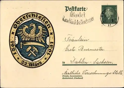 Ganzsachen Ak Oberschlesien, 22 März, 1921 bis 1931, Wappen, 8 Pfennig