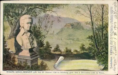 Künstler Ak Komponist Wolfgang Amadeus Mozart, Büste, Landschaft