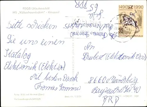 Ak FDGB Urlauberschiff, MS Völkerfreundschaft, Kinosaal